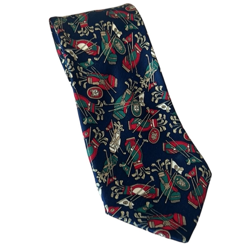 The Silk Connection Men’s 100% Silk Tie Golf Print Navy Blue Vintage Novelty